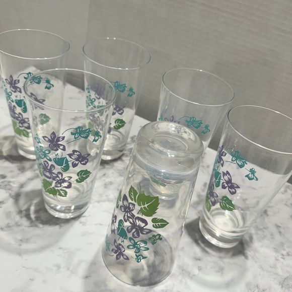 Vintage Violet Print 12oz Drinking Glass/Tumbler, Set Of 6, Lavender/Teal/Green - Picture 5 of 5